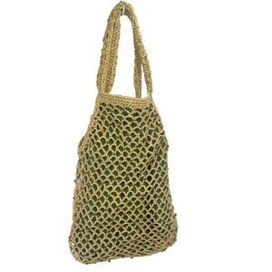 Women's Knitted Bag Beach Woven Crochet Fabric Lining Beaded Snap Button Tan